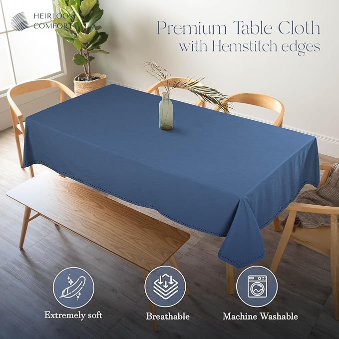 Sky Blue Cotton Tablecloth, Table Cloth 52x70 Inch, Fits 4-6 Seats, Soft, Durable, Washable, Wrinkle Resistant, Rectangle Table Cover for Dining, Baby Showers, Spring Celebrations