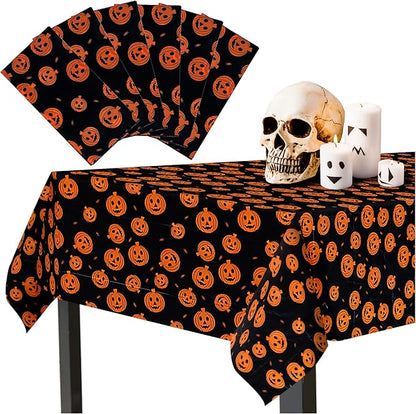Halloween Tablecloth, 6-Pack Disposable Table Cloths, Pumpkins Plastic Covers, 54 x 108 Inches, Party Decorations