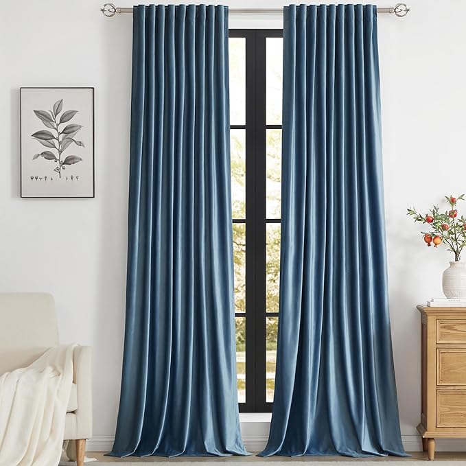PRIMROSE Velvet Curtains 108 inch Long for Living Room,Set of 2 Panels Stone Grayish Blue Blackout Rod Pocket Back Tab Window Treatment Room Darkening Heavy Decorative Curtains Drapes for Bedroom