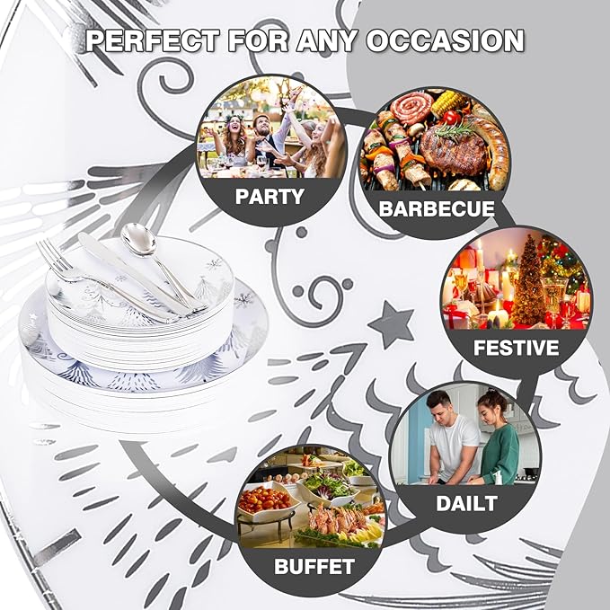 Liacere 175PCS - Silver Christmas tree Plastic Plates-Christmas and Napkins Sets Include 50 Plastic Plates,75 Silver Silverware，25 Cups 25 Napkins