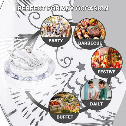 Liacere 175PCS - Silver Christmas tree Plastic Plates-Christmas and Napkins Sets Include 50 Plastic Plates,75 Silver Silverware，25 Cups 25 Napkins