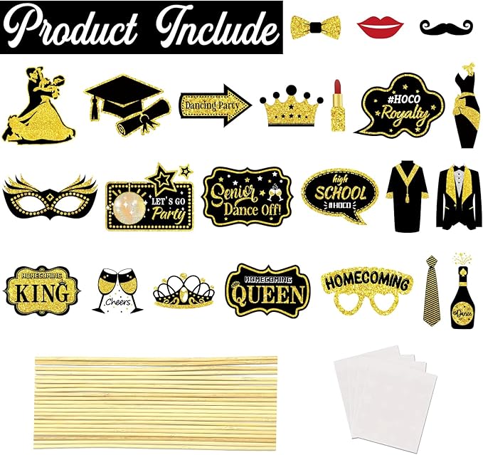 Generic 23 Pcs Homecoming Photo Booth Props Kit - Funny Homecoming Dance Party Photo Booth Props for High School or College Homecoming Party Decorations Supplies Favors, Black Gold Selfie Props