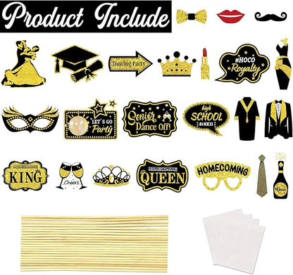 Generic 23 Pcs Homecoming Photo Booth Props Kit - Funny Homecoming Dance Party Photo Booth Props for High School or College Homecoming Party Decorations Supplies Favors, Black Gold Selfie Props