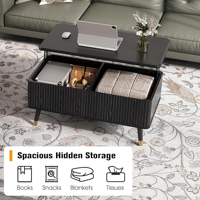 Lift Top Coffee Table with Storage, Modern Black Fluted Design, Pop-Up Center Table with Hidden Compartment for Living Room & Home Office Work/Dining