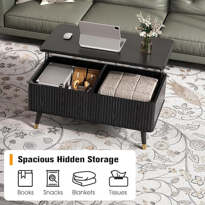 Lift Top Coffee Table with Storage, Modern Black Fluted Design, Pop-Up Center Table with Hidden Compartment for Living Room & Home Office Work/Dining