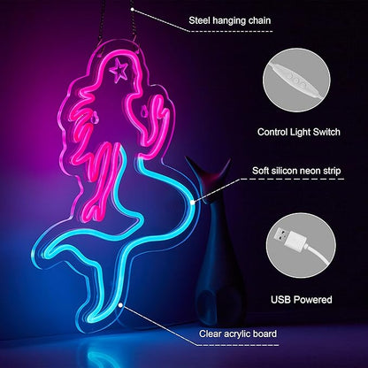 Mermaid Neon Sign for Wall Décor Dimmable LED Bar Beer Neon Light USB Powered Neon Art Signs Decor