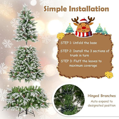 GOFLAME 7.5FT Pre-Lit Artificial Christmas Tree, Snow Flocked Xmas Tree with 1135 Branch Tips, 470 Warm White LED Lights, 81 Pine Cones, Holiday Decoration Tree for Home Office Party