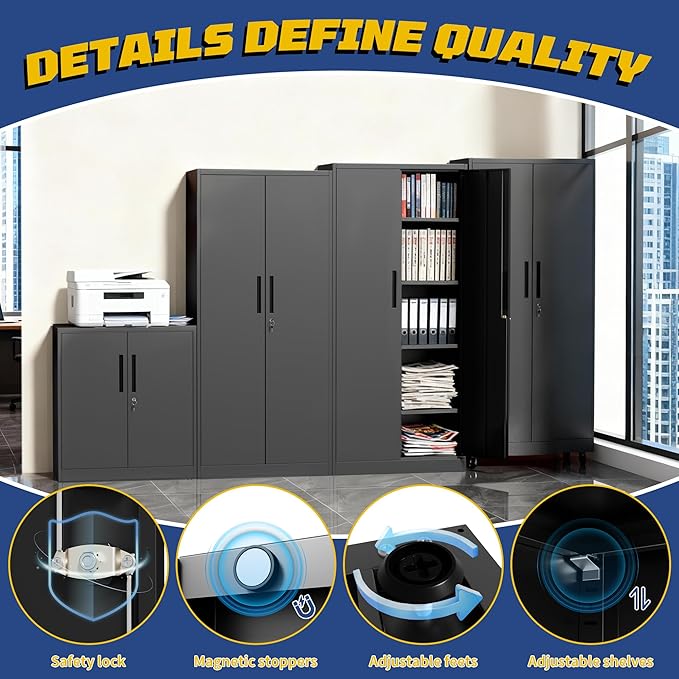 Metal Storage Cabinet with Adjustable Shelves, 72" Steel Garage Storage Cabinets with Lock and 2 Door, Locking Tool Cabinet Utility Cabinets for Garage, Kitchen, Home Office, School, Shop