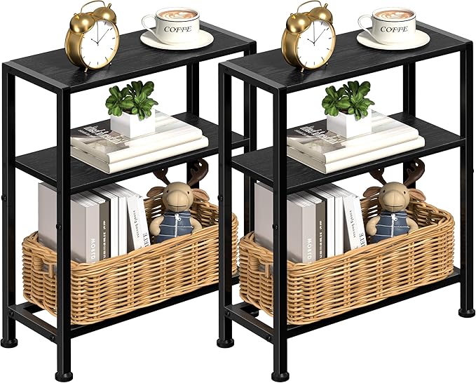 Narrow Side Table Set of 2 for Small Space, 2-Tier Small End Table with Shelf Holder, Slim Nightstand, Skinny Snack Couch Table in Living Room, Bedroom, Study, Kitchen and Balcony (Black)