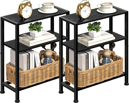 Narrow Side Table Set of 2 for Small Space, 2-Tier Small End Table with Shelf Holder, Slim Nightstand, Skinny Snack Couch Table in Living Room, Bedroom, Study, Kitchen and Balcony (Black)