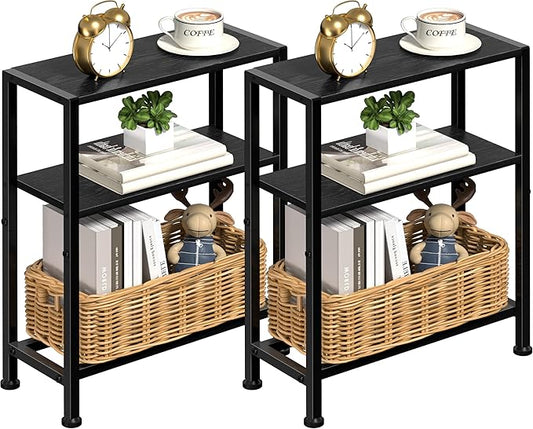 Narrow Side Table Set of 2 for Small Space, 2-Tier Small End Table with Shelf Holder, Slim Nightstand, Skinny Snack Couch Table in Living Room, Bedroom, Study, Kitchen and Balcony (Black)