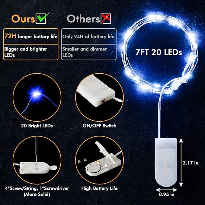 12 Pack Fairy Lights Battery Operated String Light，7FT 20LED Waterproof Silver Wire Christmas Lights Outdoor,Firefly Mini Light for Bedroom Party Birthday Wedding Indoor Decorations Home Decor