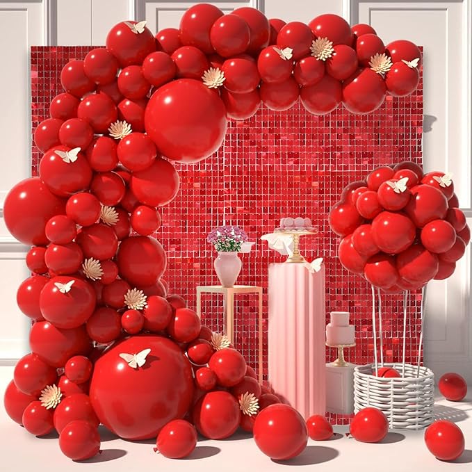 48 PCS Red Shimmer Wall Backdrop, Square Sequin Photo Backdrops Panel, Glitter Wall Background for Birthdays, Weddings, Christmas, Engagements, Disco Bachelorette Party Decoration (6FTx8FT)