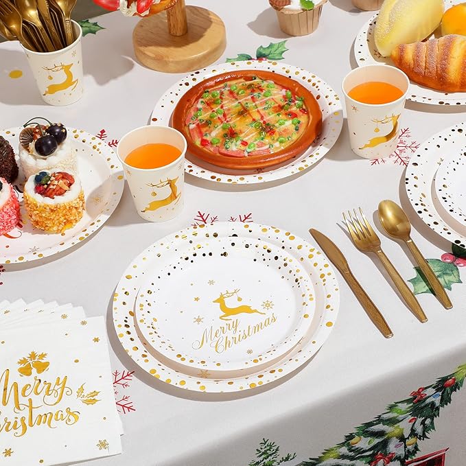 175 Pcs Merry Christmas Party Dinnerware Foil Dots Christmas Paper Plates Set Elk Disposable Xmas Plates Napkins Cups for New Year Wedding Birthday Baby Shower Party Supplies (White Gold)