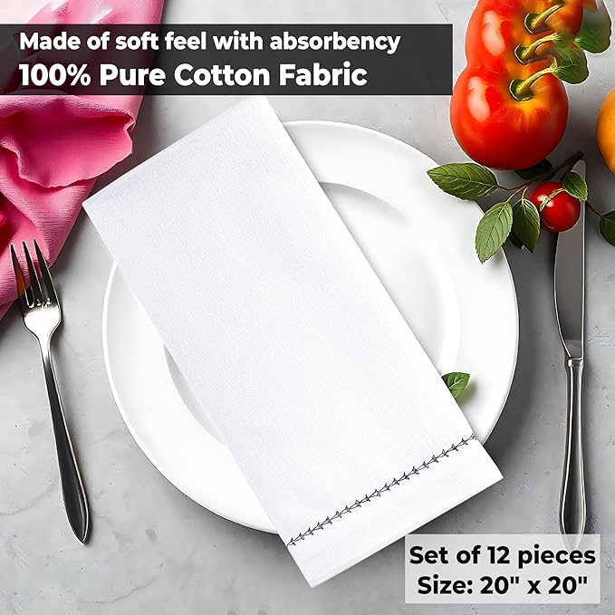 Urban Villa Cloth Napkin Set of 6 Hemstitch White Black 20x20 Inches Premium Soft Cotton Highly Absorbent Reusable & Washable Dinner Table Napkins for Home and Weddings