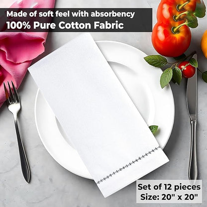 Urban Villa Cloth Napkin Set of 6 Hemstitch White Black 20x20 Inches Premium Soft Cotton Highly Absorbent Reusable & Washable Dinner Table Napkins for Home and Weddings
