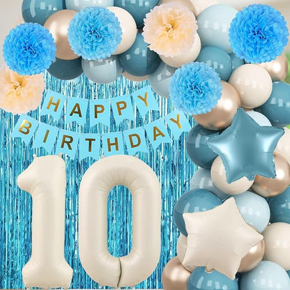 Dusty Blue 10th Birthday Party Decorations Boys Girls Beige Cream Number 10 Balloon with Blue Gold Happy Birthday Banner Fringe Curtain Paper Pom Poms Nude White Sand Champagne Star Foil Balloons