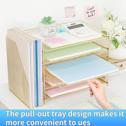 OPNICE 5-Tier Paper Organizer with Magazine Holder, Desk Organizers and Accessories, Office Desk Accessories & Workspace Organizers, Desktop File Organizer for Office Supplies Storage, Gold