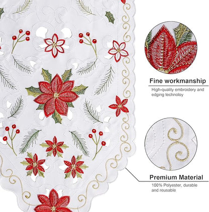 Joyfol Day Christmas Florals Table Runner 14 x 59 Inch, Embroidered Cutwork Poinsettia Holly Leaves Table Runners, Winter Holiday Flowers Tabletop for Xmas Party Decorations