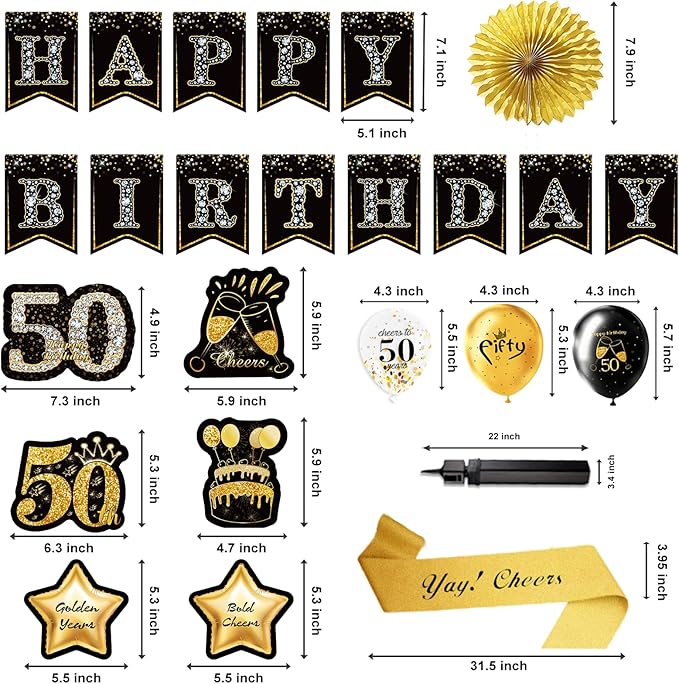 50th Birthday Decorations,39pcs-50th Birthday Decorations for Men & Women,Black Gold 50th Birthday Eyeglasses Decorations Banner Balloons Backdrop Hanging Swirls Paper Fans ,1975 Banner Party Supplies
