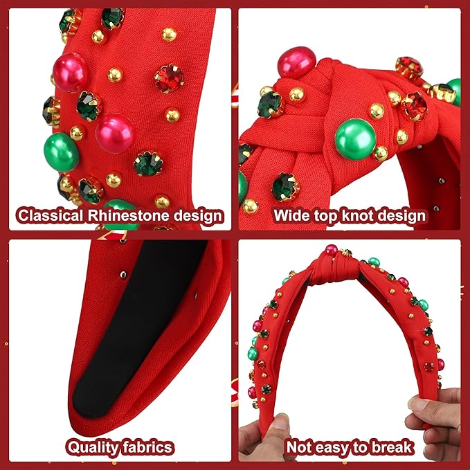 Christmas Headband for Women Xmas Bow Knotted Headbands Red Jeweled Crystal Top Knot Hairband Rhinestone Pearl Wide Head Band for Christmas Holiday Hair Accessories Costume Party Outfits Gifts