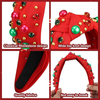 Christmas Headband for Women Xmas Bow Knotted Headbands Red Jeweled Crystal Top Knot Hairband Rhinestone Pearl Wide Head Band for Christmas Holiday Hair Accessories Costume Party Outfits Gifts