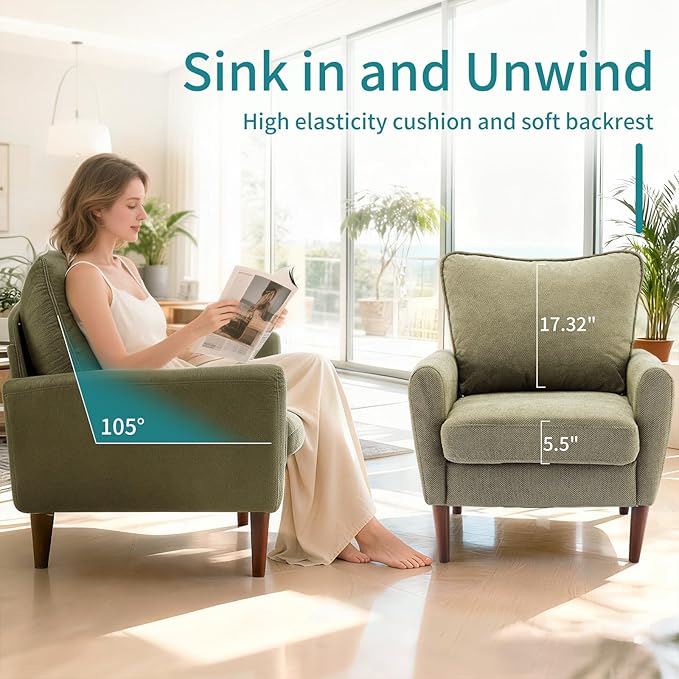 OLIXIS Comfy Accent Chair for Living Room Bedroom and Waiting Room, Upholstered Mid-Century Reading Chair with Pillow and Solid Wood Legs, Wide Singe Modern Lounge Sofa (Green)