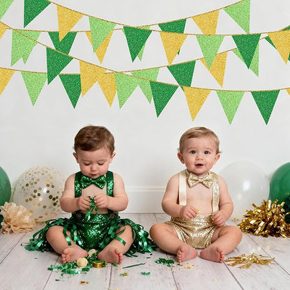 Green Gold Party Decorations Pennant Banner Flag Glitter Green Gold Triangle Hanging Bunting for Birthday Graduation Retirement Bridal Shower Wedding Bachelor Spring Summer Master Golf Themed Party