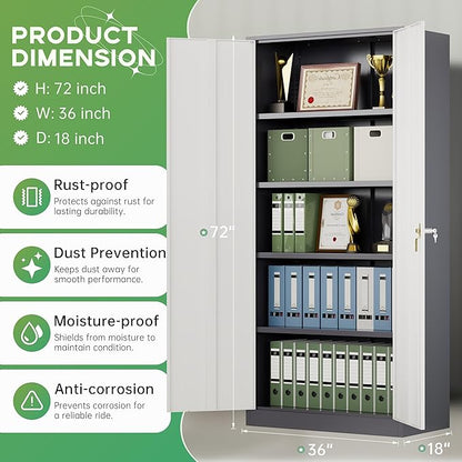 INTERGREAT Metal Storage Cabinet for Garage,72" Lockable Storage Cabinets with Doors and Adjustable Shelves,Steel Locking Cabinet for Garage,Office,Home,Gym,School (White Grey)