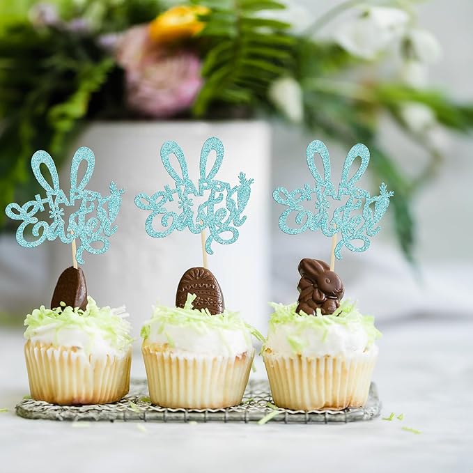 Ephlyn 24Pcs Happy Easter Cupcake Toppers - Blue Glitter Rabbit Ear Picks Decorations for Easter Day Theme, Baby Shower, Kids Birthday Party Supplies