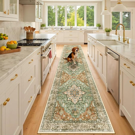Area Rugs 2'x10' Runner Rug Non Slip Washable for Kitchen Hallway Bedroom Beside Laundry Room Bathroom Rug, Floor Carpet, Brick Red Rust Neutral Brown Burnt Orange Green