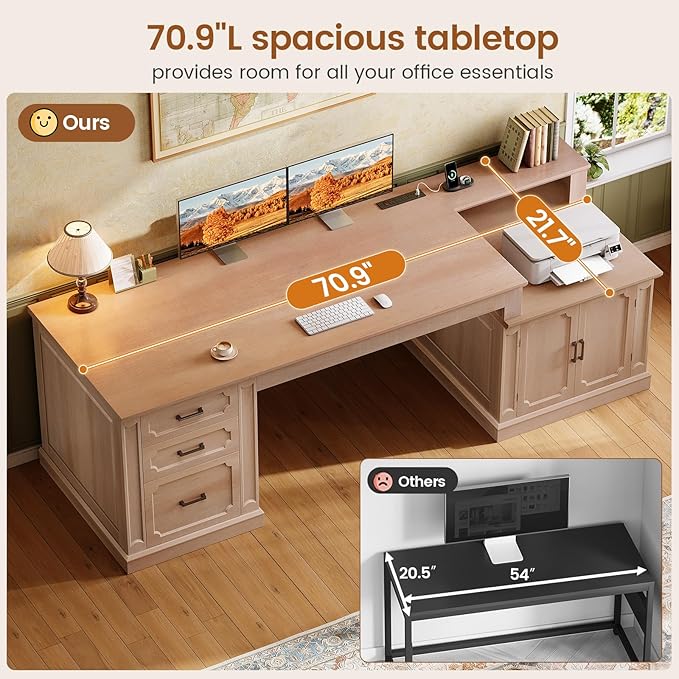 SEDETA Farmhouse 70.9" Executive Desk, Home Office Desk with File Drawers and Storage Cabinet, Computer Desk with Power Outlet for Home Office, Work Study Writing, Natural Oak