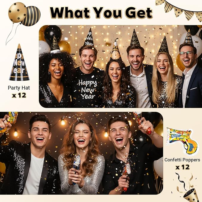 New Year Party Favors 2026, 98PCS Happy New Year Decorations & New Years Eve Party Supplies Set with Headbands, Glasses, Hats, Noise Makers, Photo Booth Props, Frame, Black Gold Party Kit