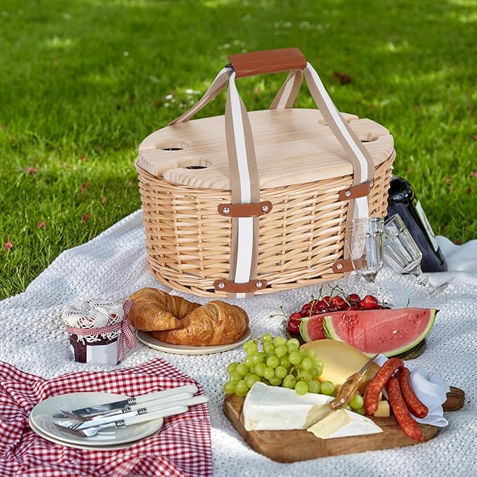 Picnic Basket Set for 4 - Wicker Insulated Picnic Basket with Folding Wine Table, Wine Picnic Kit with Liner for Couples, Camping, Outdoor, Valentine (Leaf)