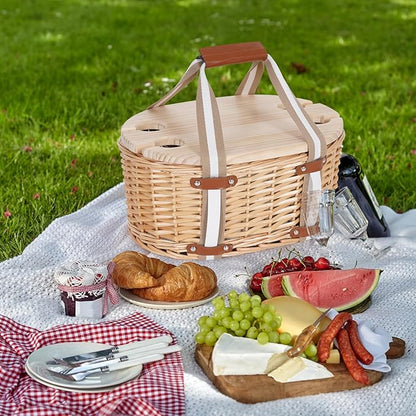 Picnic Basket Set for 4 - Wicker Insulated Picnic Basket with Folding Wine Table, Wine Picnic Kit with Liner for Couples, Camping, Outdoor, Valentine (Leaf)