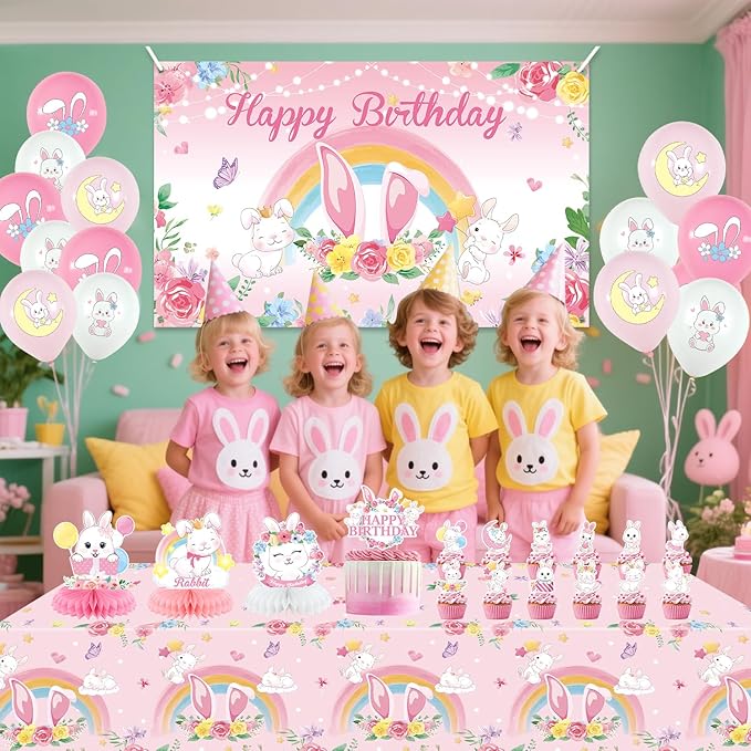 Pink Bunny Birthday Party Decorations for Gilrs - Rabbit Party Supplies including Happy Birthday Backdrop, Spirals, Cake Toppers, Table Centerpieces, Balloons (BJ)
