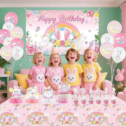 Pink Bunny Birthday Party Decorations for Gilrs - Rabbit Party Supplies including Happy Birthday Backdrop, Spirals, Cake Toppers, Table Centerpieces, Balloons (BJ)