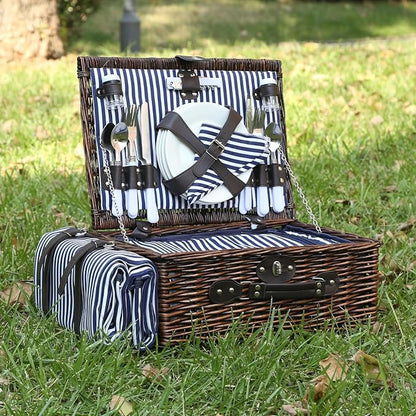 Picnic Basket for 4 Persons with Waterproof Picnic Blanket and Insulated Cooler, Large Wicker Picnic Basket for Camping, Outdoors, Valentine's Day, Christmas, Birthday, Wedding Gift
