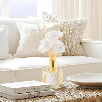 Cocorrína Reed Diffuser Set,6.7oz (200ml) Clean Linen Scented Diffuser with 3 White Rose Foam Flowers & Cotton Sticks, Home Fragrance Reed Diffuser for Bathroom Shelf Decor