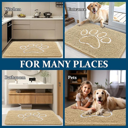 OLANLY Dog Door Mat for Muddy Paws 44x32, Paw Print Design, Absorbs Moisture and Dirt, Absorbent Non-Slip Washable Doormat, Quick Dry Chenille Mud Mat for Dogs, Entry Indoor Entryway Carpet, Beige