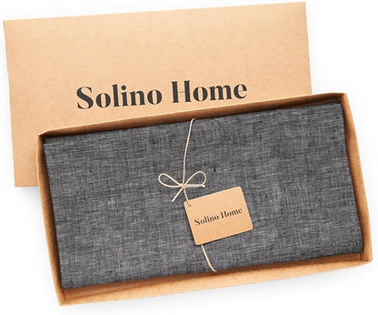 Solino Home Linen Cloth Tablecloth 52 x 52 Inch - 100% Pure Linen Chambray Black Square Tablecloth - Athena, Machine Washable Table Throw for Fall, Autumn, Winter, Holiday