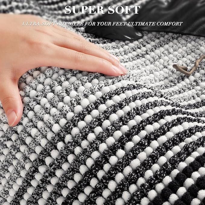 BSICPRO Bathroom Rugs and Mats Sets, 2 Piece Thick Absorbent Chenille Bath Mat Rug Set Non Slip, Soft Shaggy Bath Room Floor Mats for Bathroom, Machine Washable (Black, 20" x 47" Plus 20" x 32")