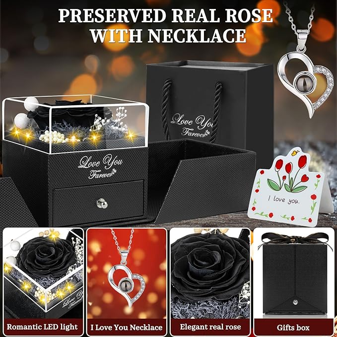 Preserved Black Real Rose -Eternal Flowers Rose Gifts for Mom Grandma Wife Girlfriend Gifts for Her Christmas Birthday Anniversary-with I Love You Necklace