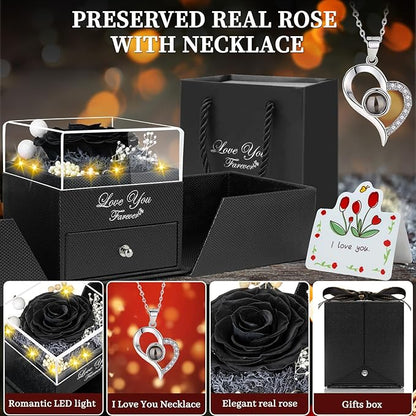 Preserved Black Real Rose -Eternal Flowers Rose Gifts for Mom Grandma Wife Girlfriend Gifts for Her Christmas Birthday Anniversary-with I Love You Necklace