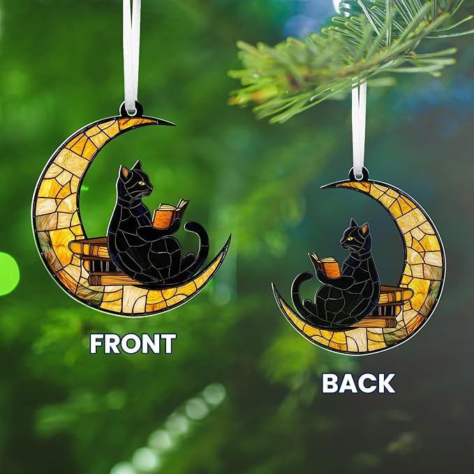 FLAGWIX Christmas Book Lovers Gifts for Readers - Acrylic Christmas Ornaments 2025 - Reading Nerd Librarian Bookish Gifts for Book Lovers, Black Cat Gift, Cat Decor Ornament for Christmas Decorations