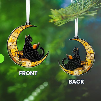 FLAGWIX Christmas Book Lovers Gifts for Readers - Acrylic Christmas Ornaments 2025 - Reading Nerd Librarian Bookish Gifts for Book Lovers, Black Cat Gift, Cat Decor Ornament for Christmas Decorations