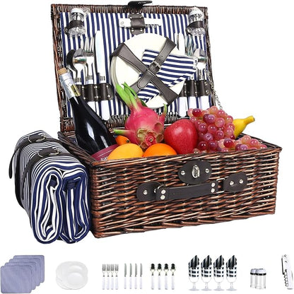 Neti Neti Wicker Picnic Basket for 4 with Insulated Cooler & Waterproof Blanket – Large Willow Picnic Hamper for Outdoor, Camping, Beach, Romantic Dates, Valentine’s Day