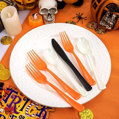 NOCCUR 180PCS Christmas Plastic Silverware Set - Tricolor Flatware Disposable Supplies Include 60 Black Knives, 60 Orange Forks, 60 White Spoons - Ideal for Thanksgiving Party