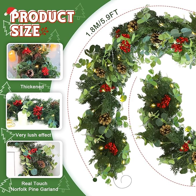 Christmas Garland,Artificial Pine Cypress Garland with Berry and Pinecone,Christmas Greenery Garland for Mantle,Table,Stair Handrail,Indoor,Outdoor Christmas Decorations(5.9FT