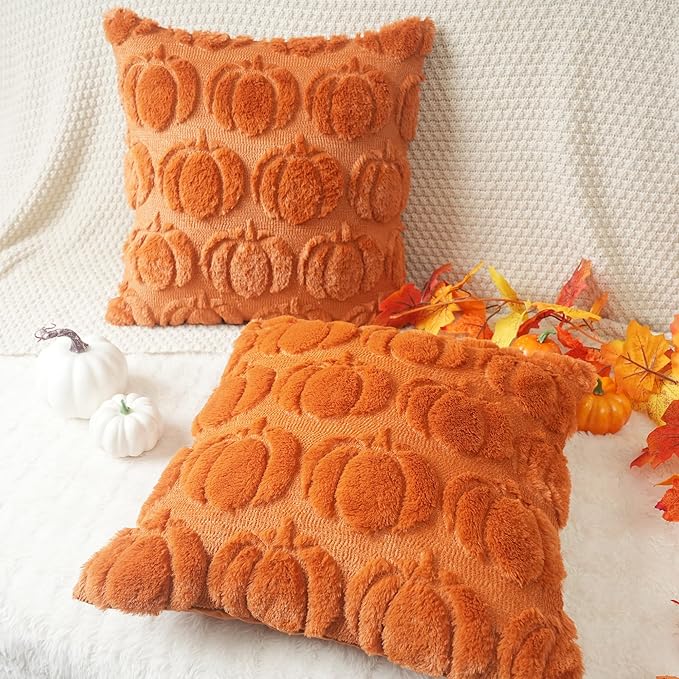 GEEORY Fall Pumpkins Soft Plush Pillow Covers, 26 x 26 Inch Set of 2, Fluffy Faux Fur Wool Decorative Farmhouse Cushion Case for Sofa Home Decoration Orange Pumpkin GC021-26